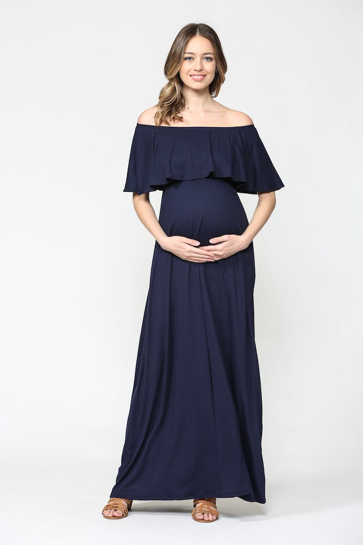 Hello Miz Ruffle Off Shoulder Maxi Maternity Dress