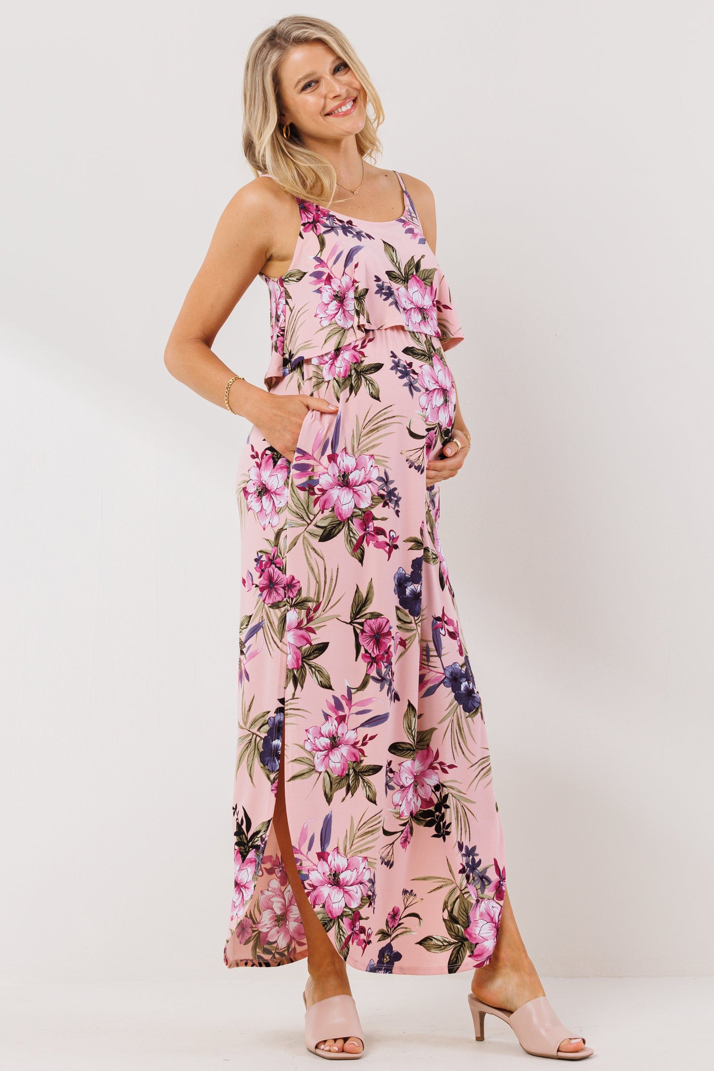 Pink Floral Overlay Top Maxi Maternity Nursing Dress