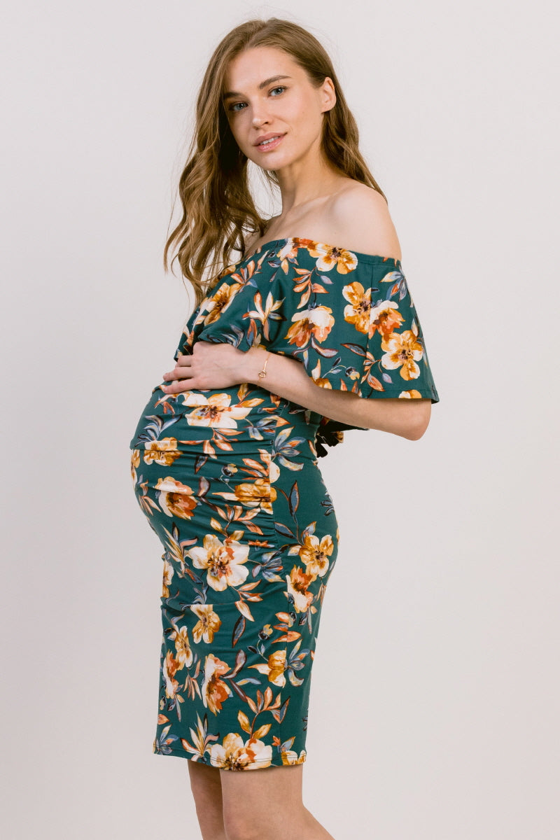 Hello Miz Hunter Green Floral Off Shoulder Ruffle Mini Maternity Dress