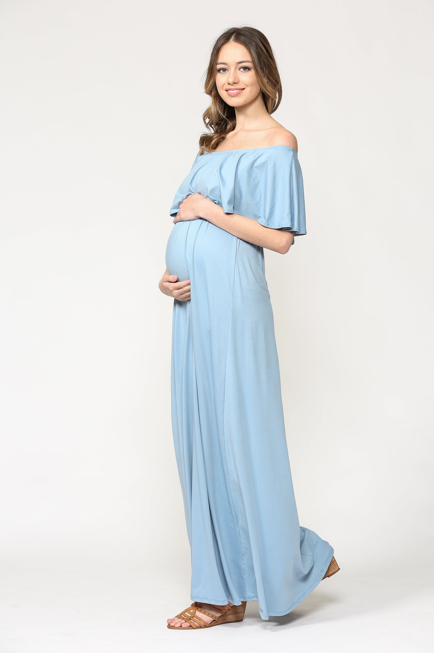 Hello Miz Ruffle Off Shoulder Maxi Maternity Dress