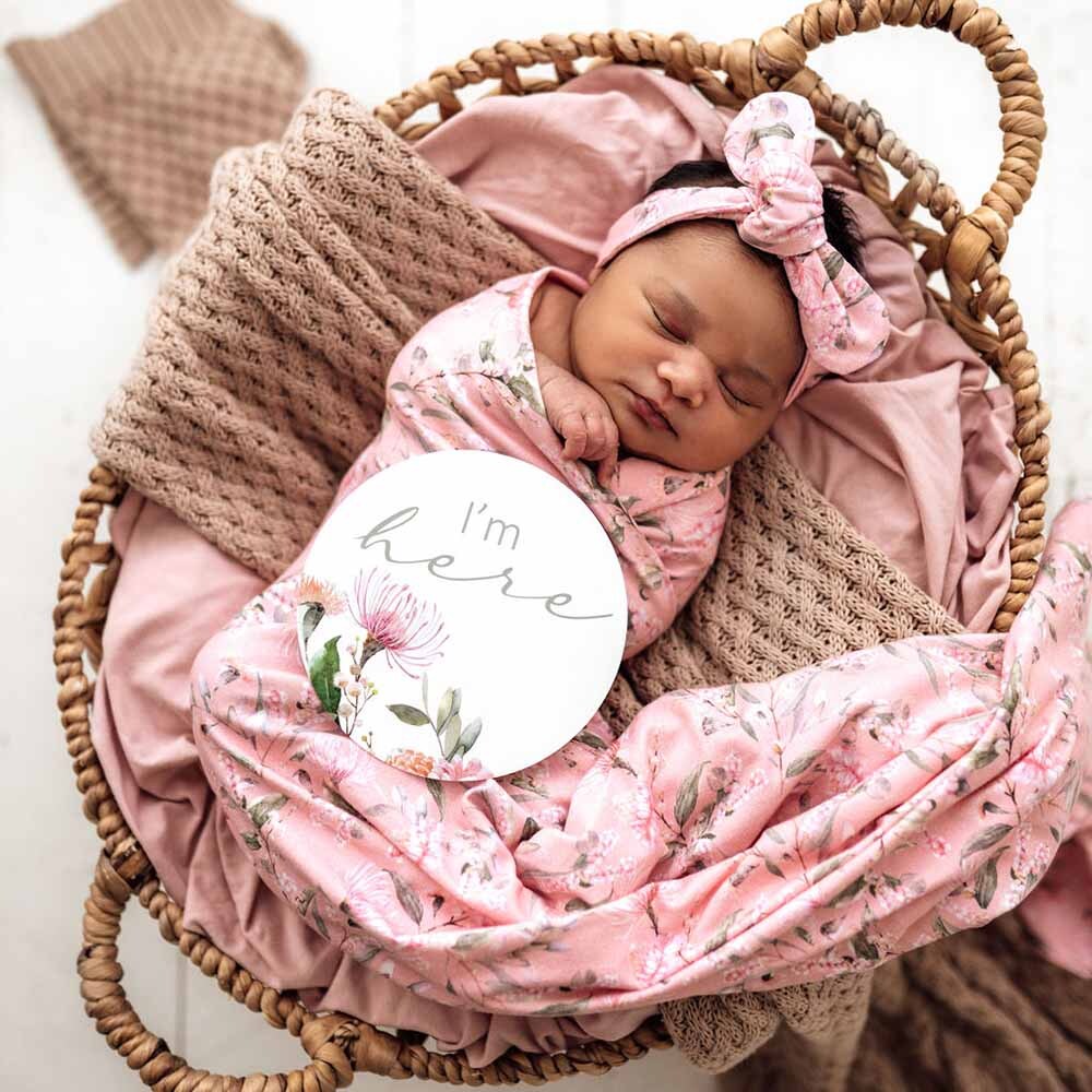 Snuggle Hunny Pink Wattle Baby Jersey Wrap and Topknot Set